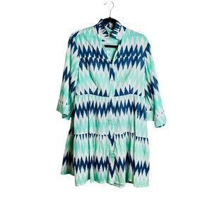 Be Boho Dress Womens Extra Small Blue Green White Ikat Print Button Tiered India